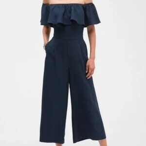 NWT BANANA REPUBLIC Navy Off the Shoulder Ruffle Wide Leg Crop Jumpsuit, Size 14